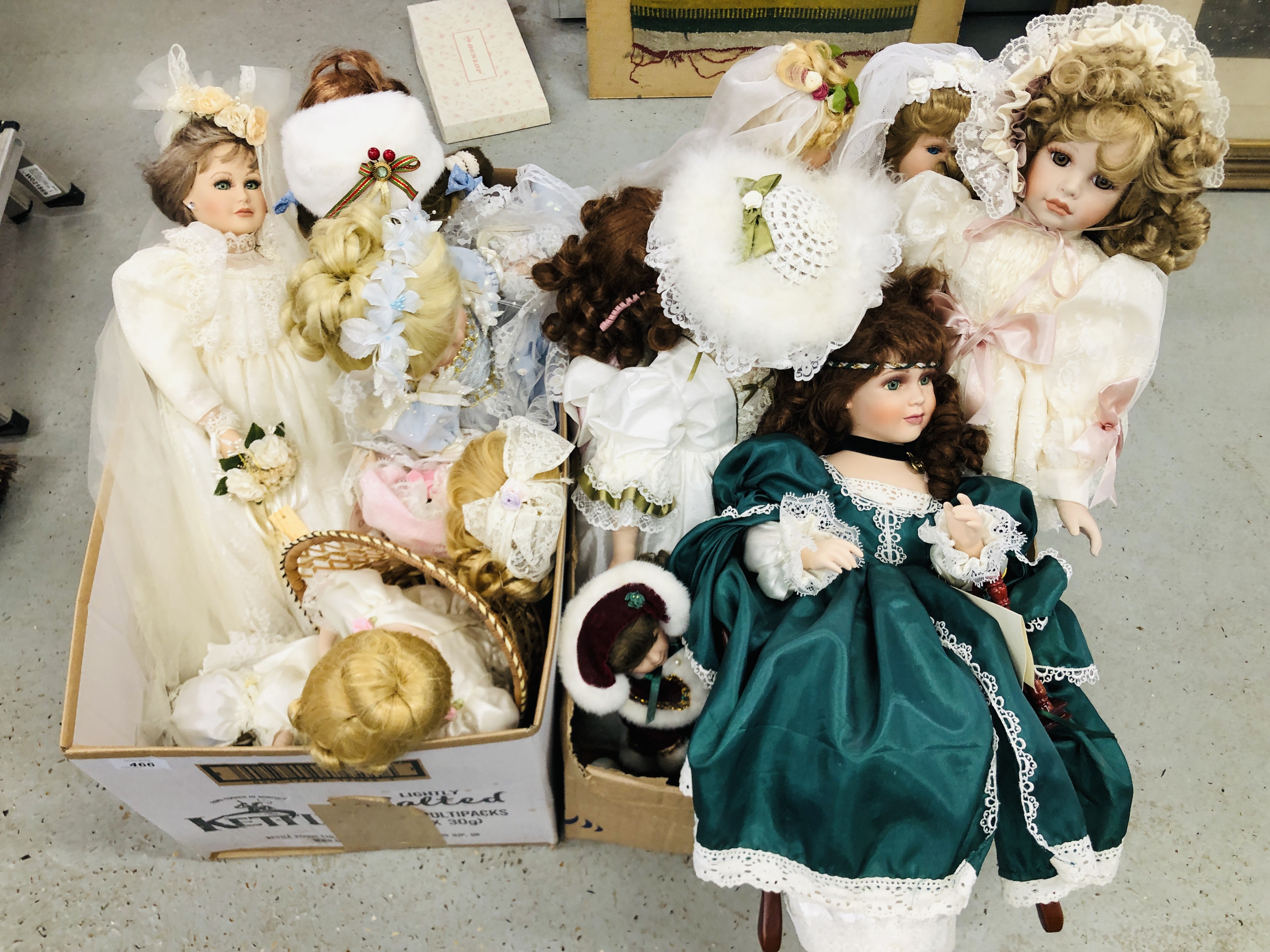 TWO BOXES CONTAINING AN EXTENSIVE COLLECTION OF QUALITY CHINA DOLLS TO INCLUDE LIMITED EDITION