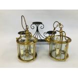 A PAIR OF BRASS CYLINDRICAL PENDANT LIGHTS D 21CM (COLLECTORS ITEM ONLY) ALONG WITH METAL CRAFT