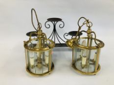 A PAIR OF BRASS CYLINDRICAL PENDANT LIGHTS D 21CM (COLLECTORS ITEM ONLY) ALONG WITH METAL CRAFT