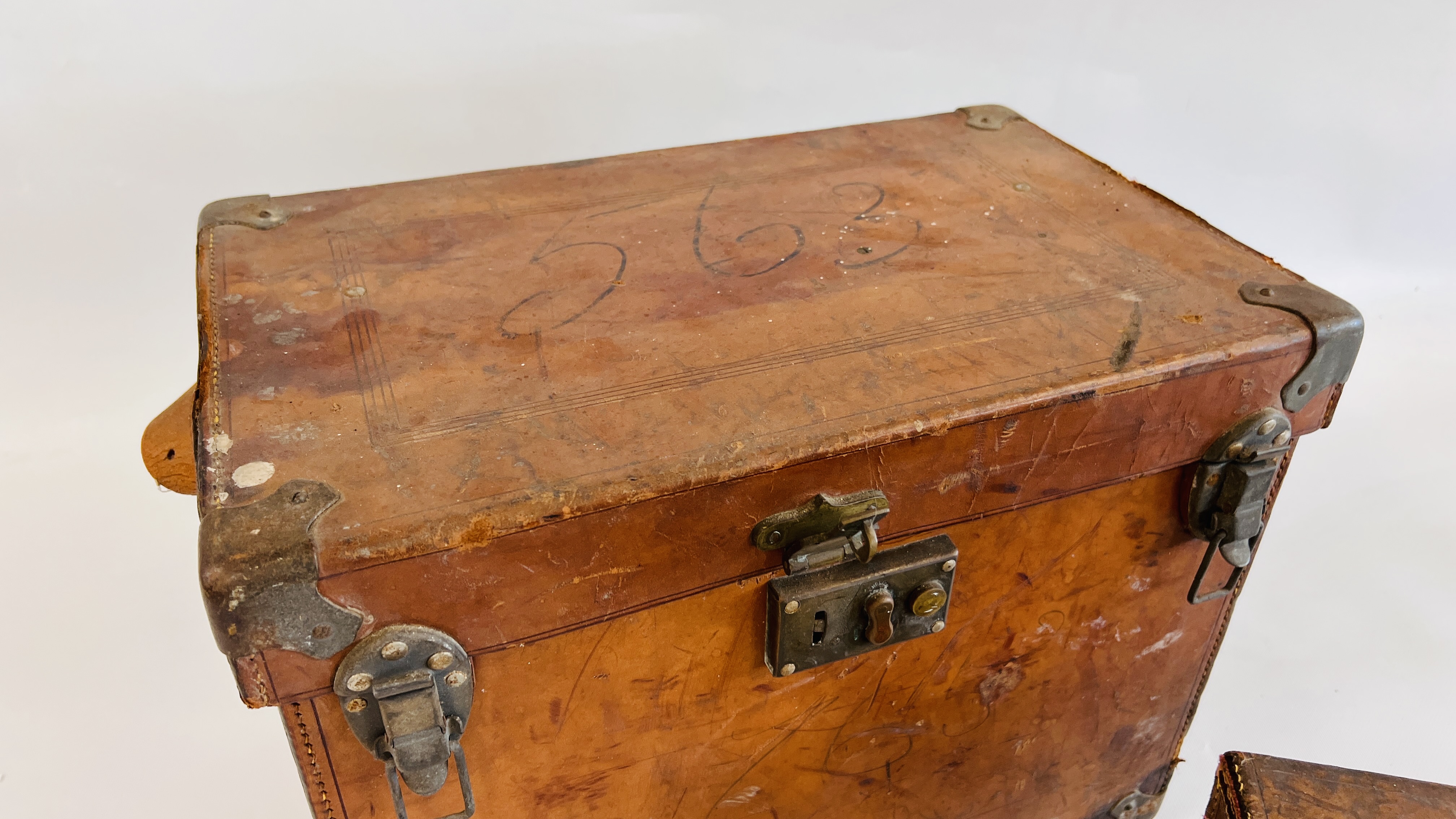 TWO ANTIQUE LEATHER TRANSIT CASES 44 X 28 X 34CM AND 37 X 27 X 22CM. - Image 8 of 11