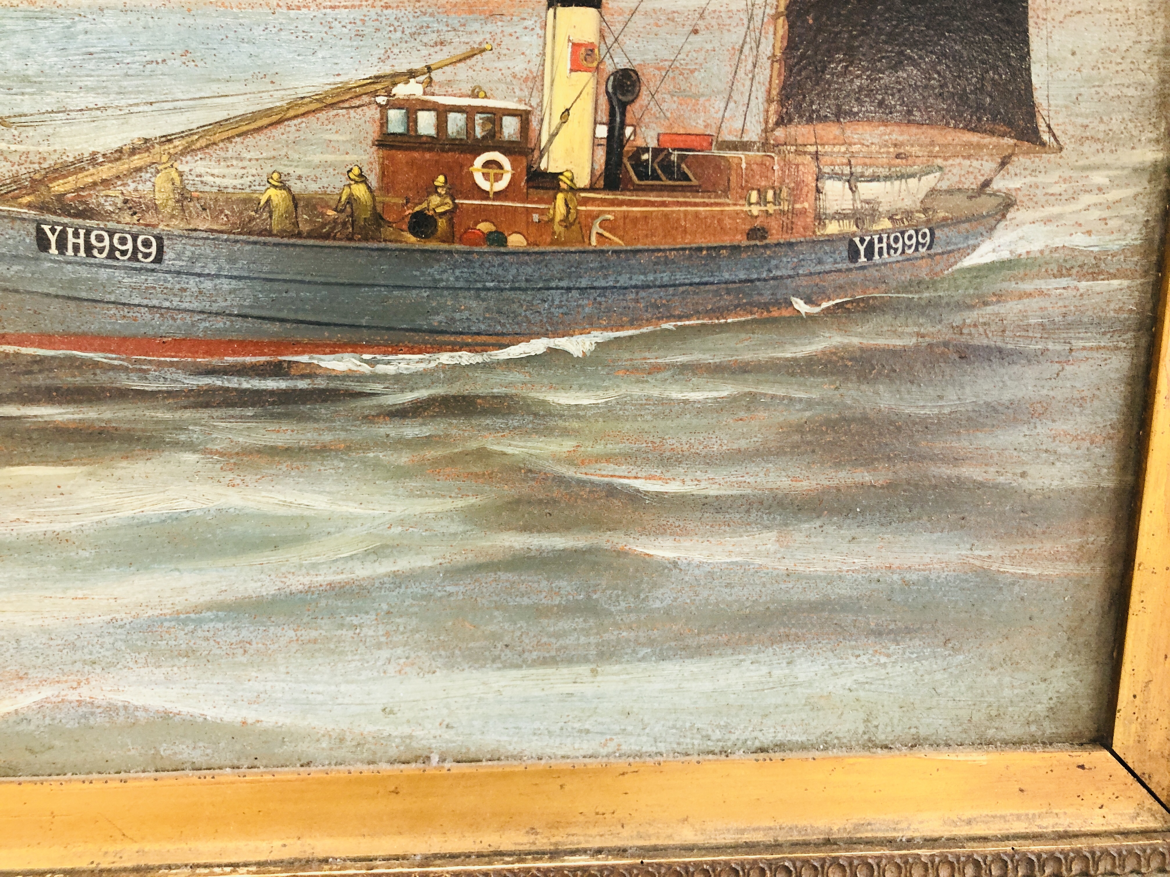 OIL ON BOARD YARMOUTH FISHING TRAWLER "PROVIDER" RETURNING TO HARBOUR BEARING SIGNATURE MOWLE & - Image 7 of 9