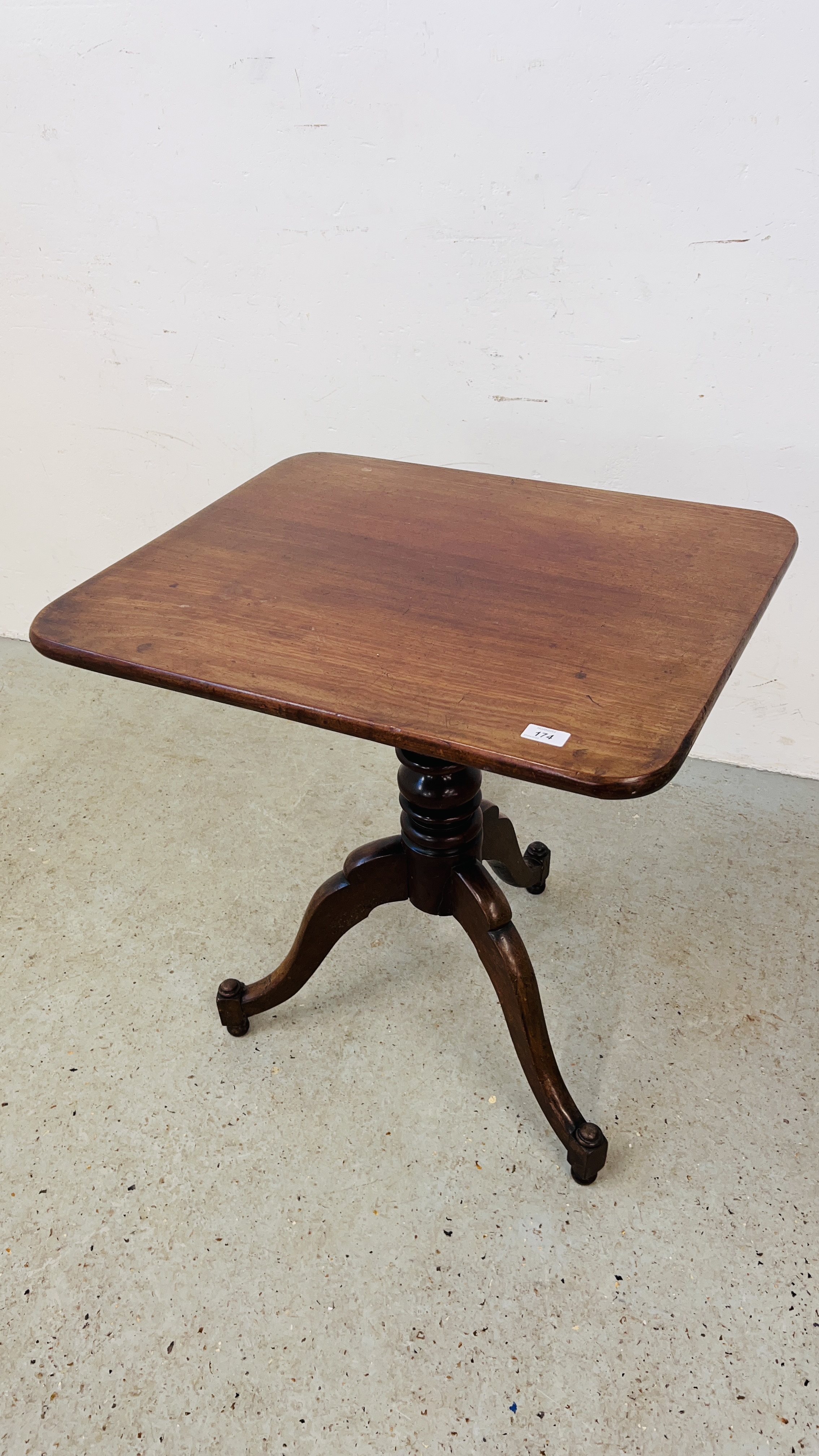 ANTIQUE MAHOGANY PEDESTAL OCCASIONAL TABLE WITH RECTANGULAR TILT TOP.