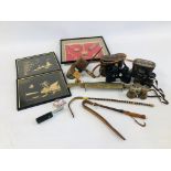 A GROUP OF VINTAGE COLLECTIBLES TO INCLUDE BINOCULARS, ORIENTAL BRASS CASE WITH TWO DAGGERS,