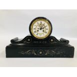 A LATE VICTORIAN SLATE MANTEL CLOCK, THE MOVEMENT WITH STRIKE, 30CM HIGH. W 50CM.