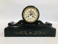 A LATE VICTORIAN SLATE MANTEL CLOCK, THE MOVEMENT WITH STRIKE, 30CM HIGH. W 50CM.