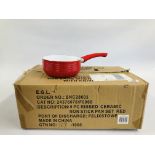 A BOXED AS NEW "STUDIO" 5 PIECE RIBBED CERAMIC NON STICK PAN SET, IN A RED FINISH.
