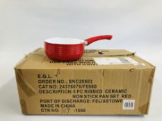 A BOXED AS NEW "STUDIO" 5 PIECE RIBBED CERAMIC NON STICK PAN SET, IN A RED FINISH.