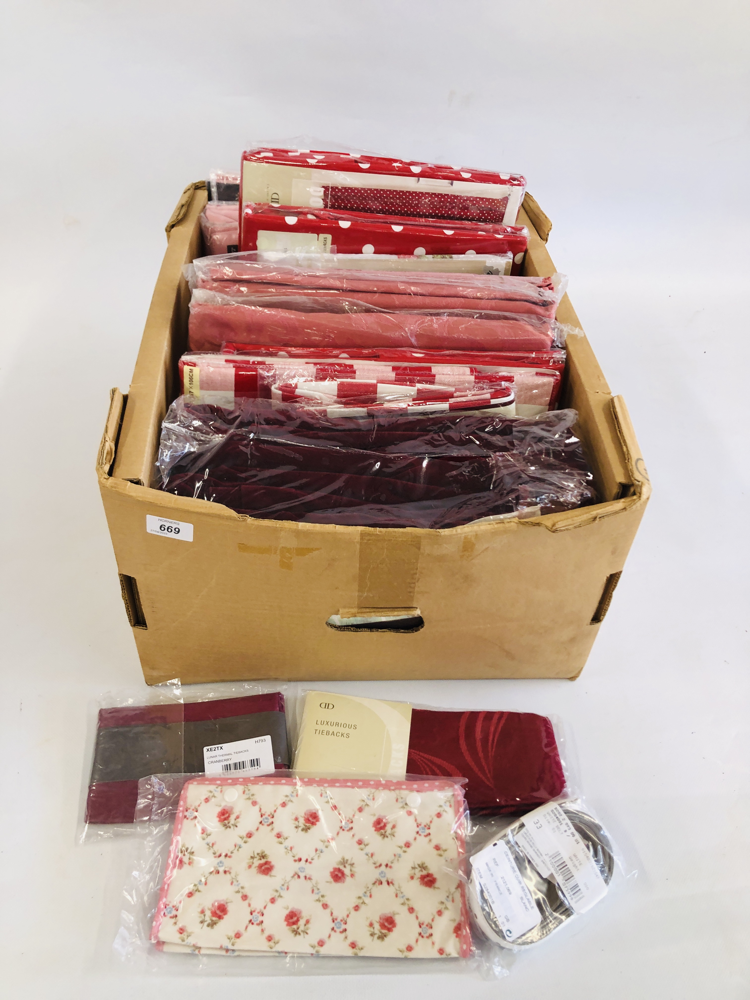 BOX CONTAINING A QUANTITY OF NEW CURTAINS AND TIE BACKS, IN ORIGINAL PACKAGING ETC.