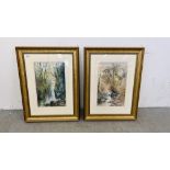 TWO FRAMED AND MOUNTED WATERCOLOURS BEARING SIGNATURE "WOODLAND STREAMS" EACH 45 X 28.5CM.