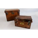 TWO ANTIQUE LEATHER TRANSIT CASES 44 X 28 X 34CM AND 37 X 27 X 22CM.