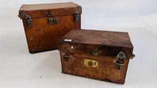 TWO ANTIQUE LEATHER TRANSIT CASES 44 X 28 X 34CM AND 37 X 27 X 22CM.