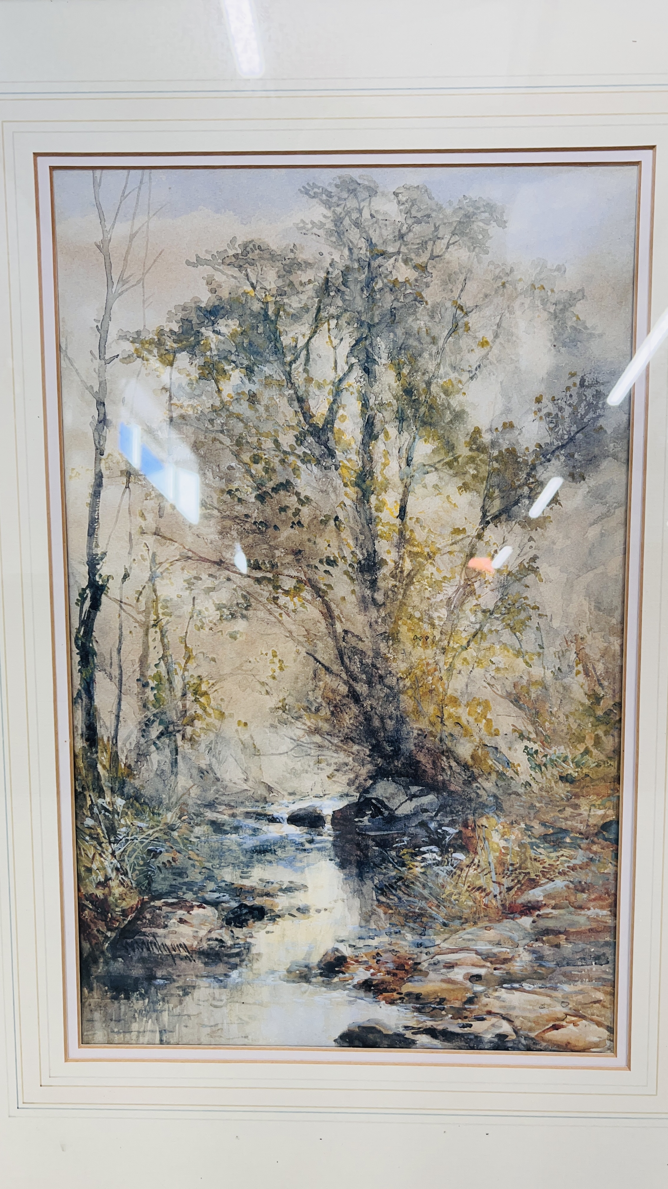 TWO FRAMED AND MOUNTED WATERCOLOURS BEARING SIGNATURE "WOODLAND STREAMS" EACH 45 X 28.5CM. - Image 3 of 5