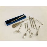 A GROUP OF ASSORTED SILVER EXAMPLES TO INCLUDE SHOE HORN, BUTTON HOOKS, LETTER OPENER ETC.