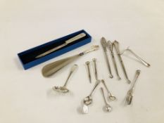 A GROUP OF ASSORTED SILVER EXAMPLES TO INCLUDE SHOE HORN, BUTTON HOOKS, LETTER OPENER ETC.