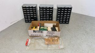 3 X RS 36 MINI DRAWER WORKSHOP ORGANISER CHESTS ALONG WITH BOX CONTAINING 4 X PLANET FORSTENER BITS,