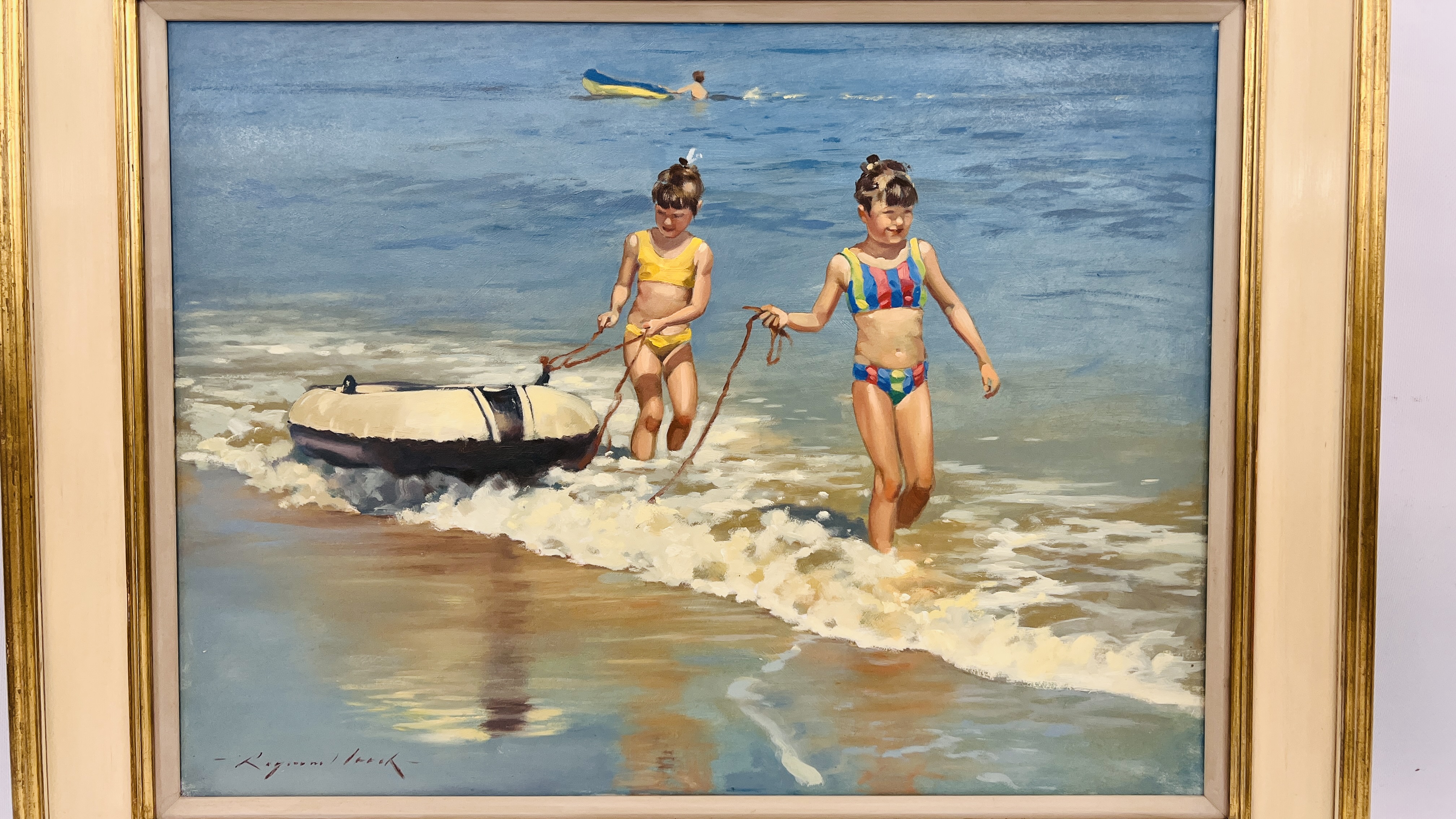 OIL ON BOARD "CHILDREN WITH INFLATABLE BOAT" BEARING SIGNATURE RAYMOND LEECH 45 X 60CM. - Image 2 of 6