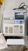 A SHARP ELECTRONIC CASH REGISTER MODEL XE-A303 WITH INSTRUCTION BOOK AND TILL ROLLS - KEYS WITH