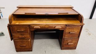 AN ANTIQUE OAK TWIN PEDESTAL ROLL TOP DESK BEARING LABEL KENRICK JEFFERSON LTD - WEST BROMWICH FOR