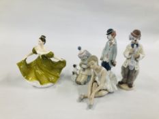 A ROYAL DOULTON FIGURINE "LYNN" HN 2329, 3 X LLADRO CLOWNS, NAO BALLERINA.