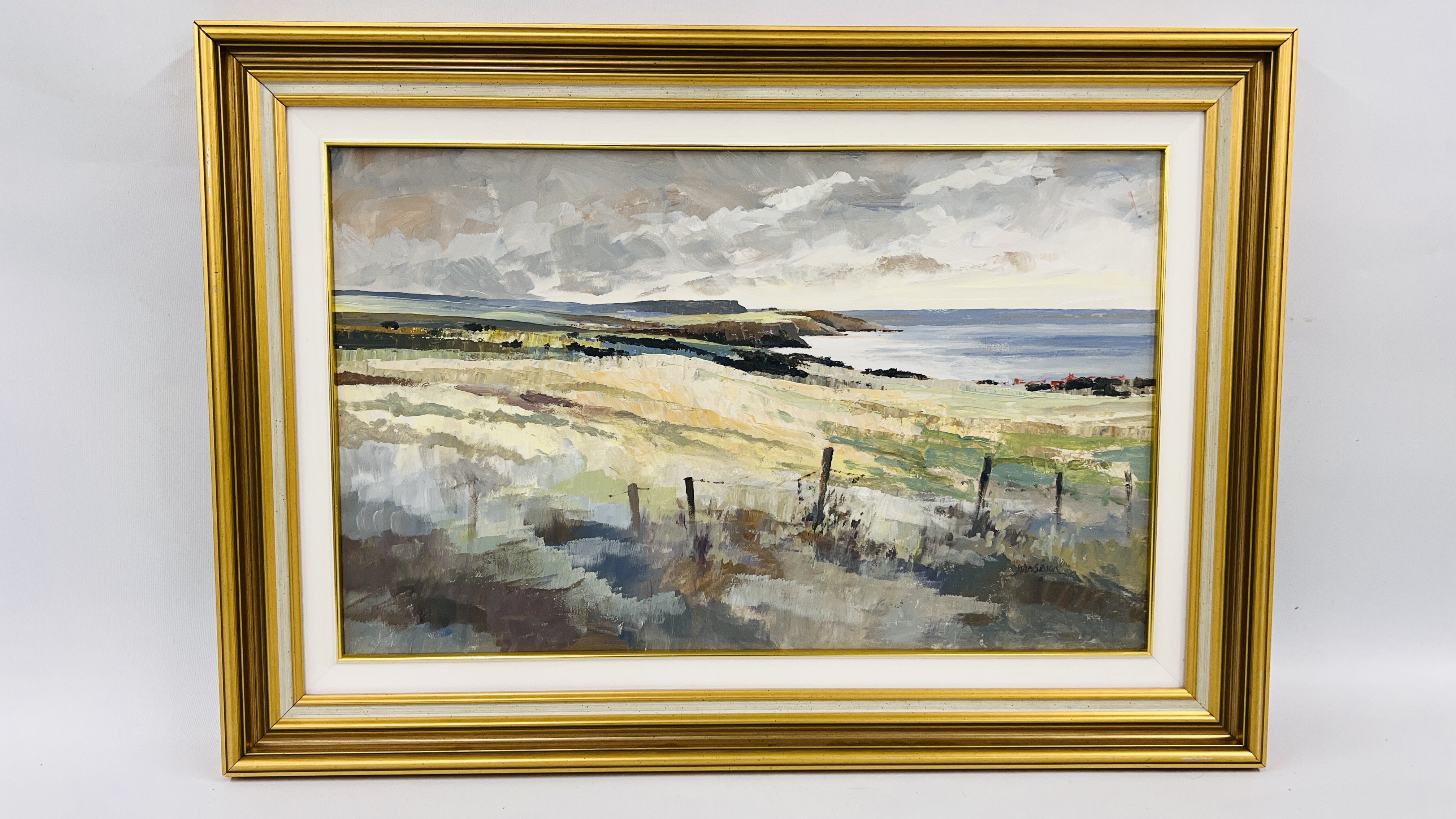 OIL ON BOARD "COAST TOWARDS BAULBY" BEARING SIGNATURE JOHN SIBSON 38 X 61CM.