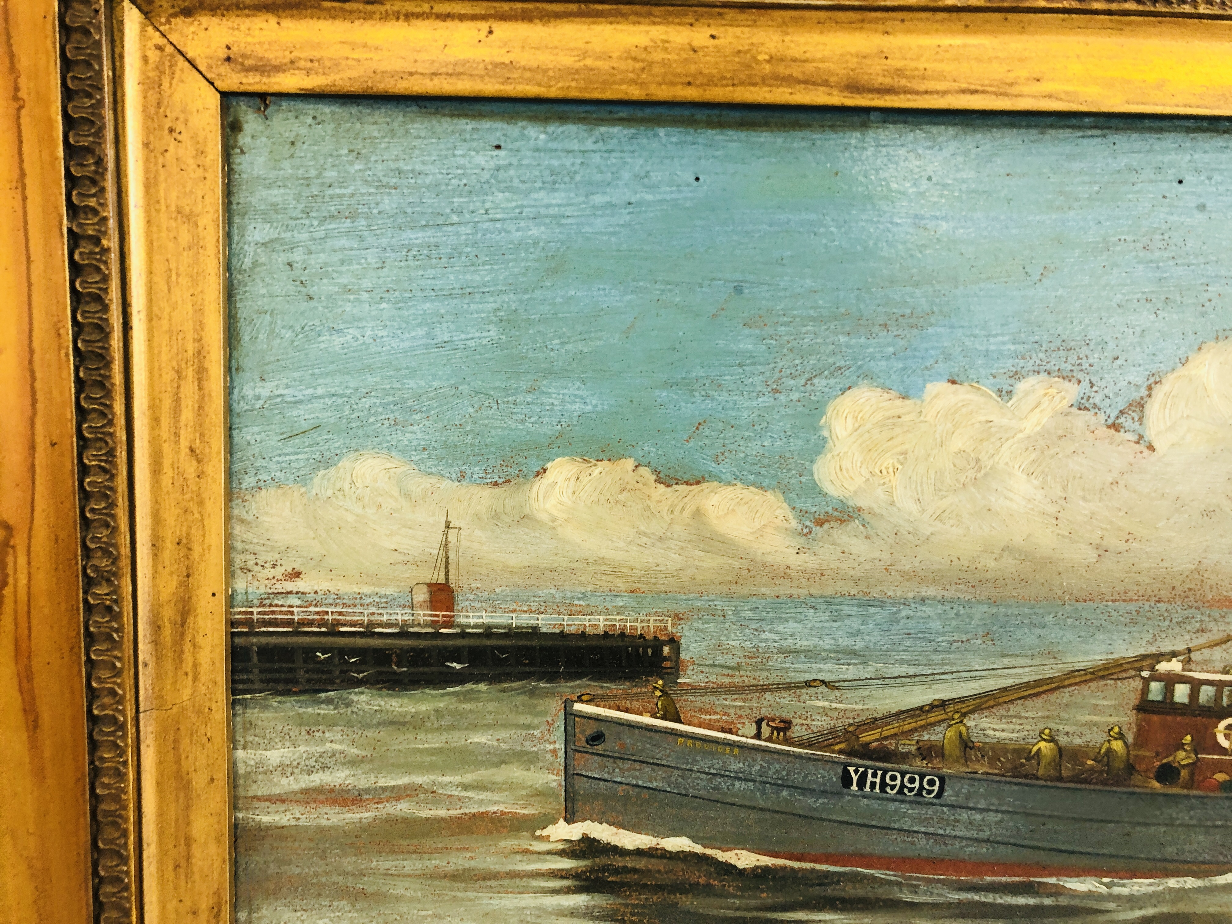 OIL ON BOARD YARMOUTH FISHING TRAWLER "PROVIDER" RETURNING TO HARBOUR BEARING SIGNATURE MOWLE & - Image 3 of 9