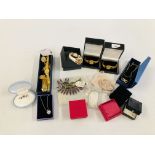 A BOX OF ASSORTED GOOD QUALITY COSTUME JEWELLERY TO INCLUDE DESIGNER BRANDED WRIST WATCHES,