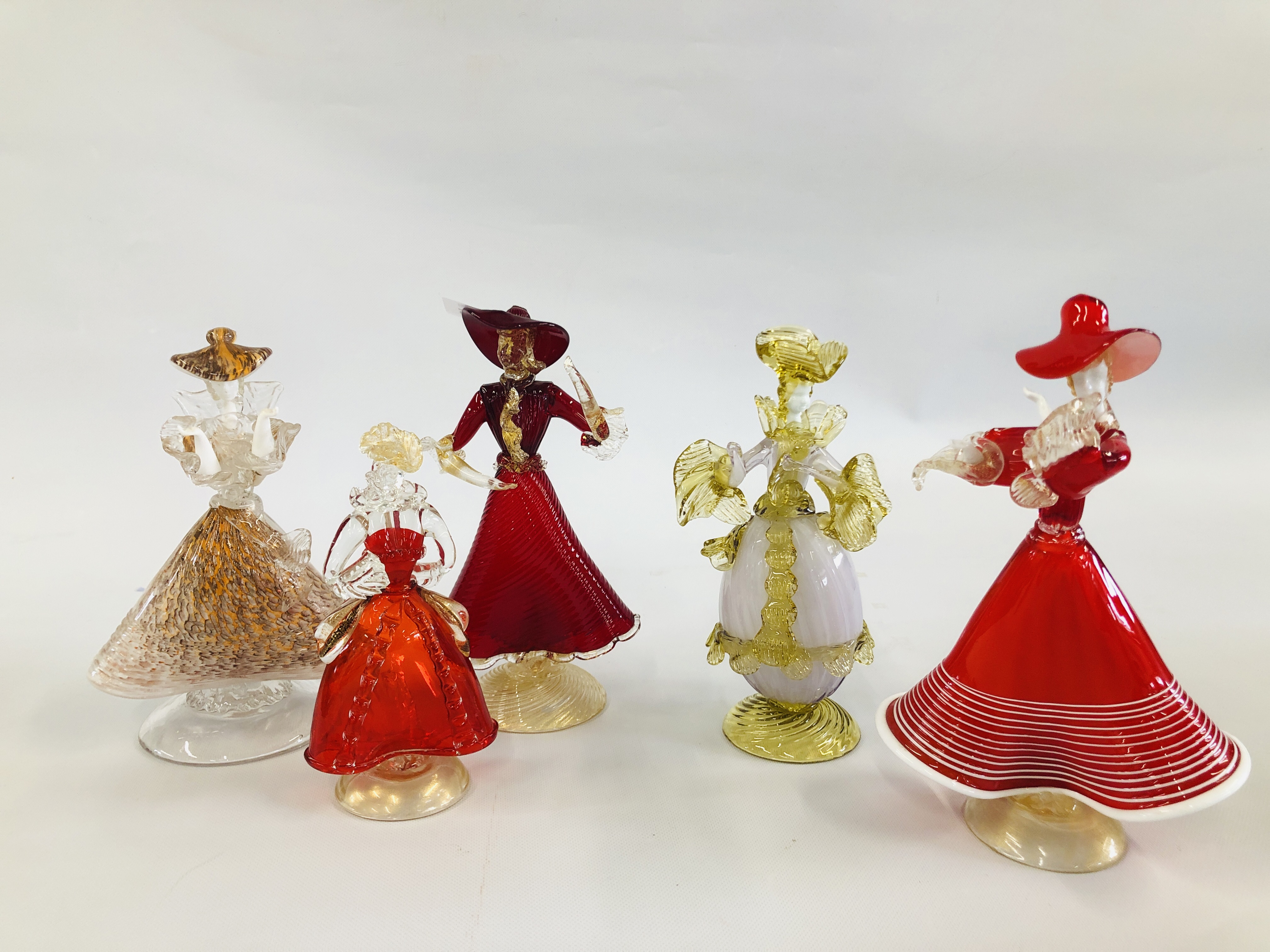 5 MURANO GLASS FIGURES APPROX H 29CM.