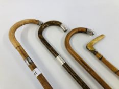 THREE SILVER TOPS WALKING CANES AND HORN HANDLED CANE A/F.