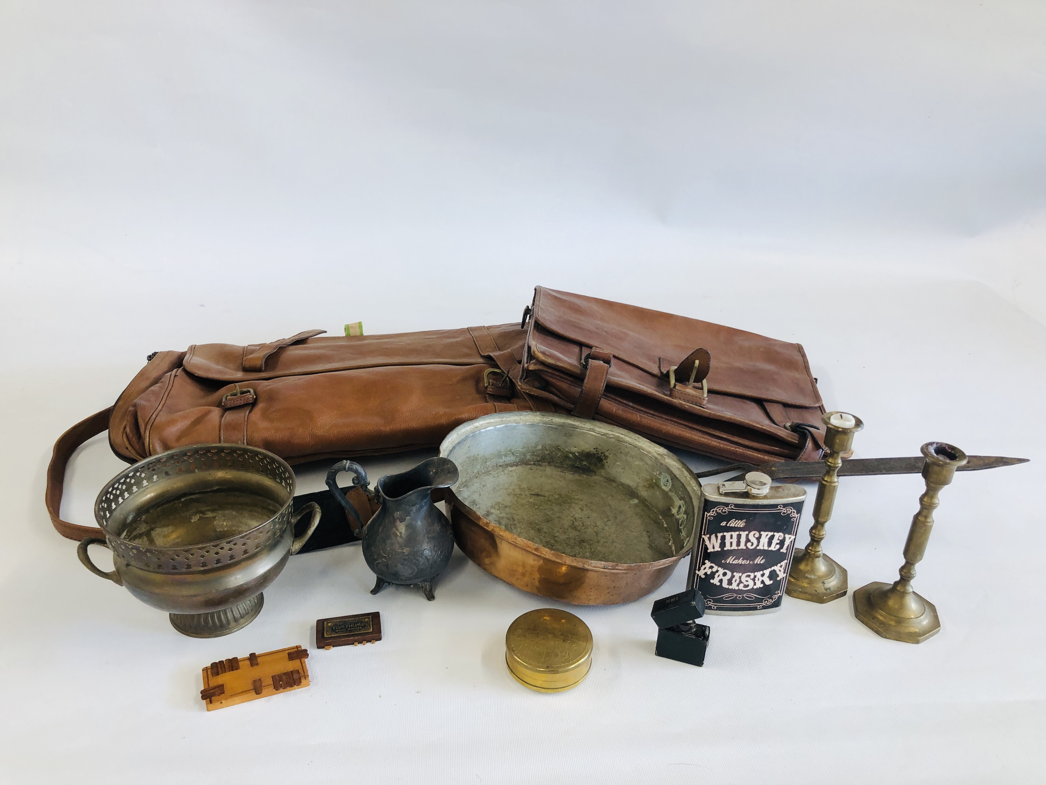 TWO VINTAGE BROWN LEATHER TRAVEL BAGS ALONG WITH COPPER PAN, PAIR OF BRASS CANDLE STICKS ETC.