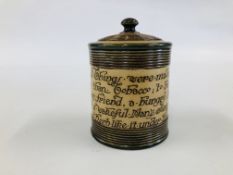 A VINTAGE DOULTON LAMBETH STONEWARE TOBACCO JAR BEARING MOTTO INSCRIPTIONS BEARING ARTISTS INITIALS,