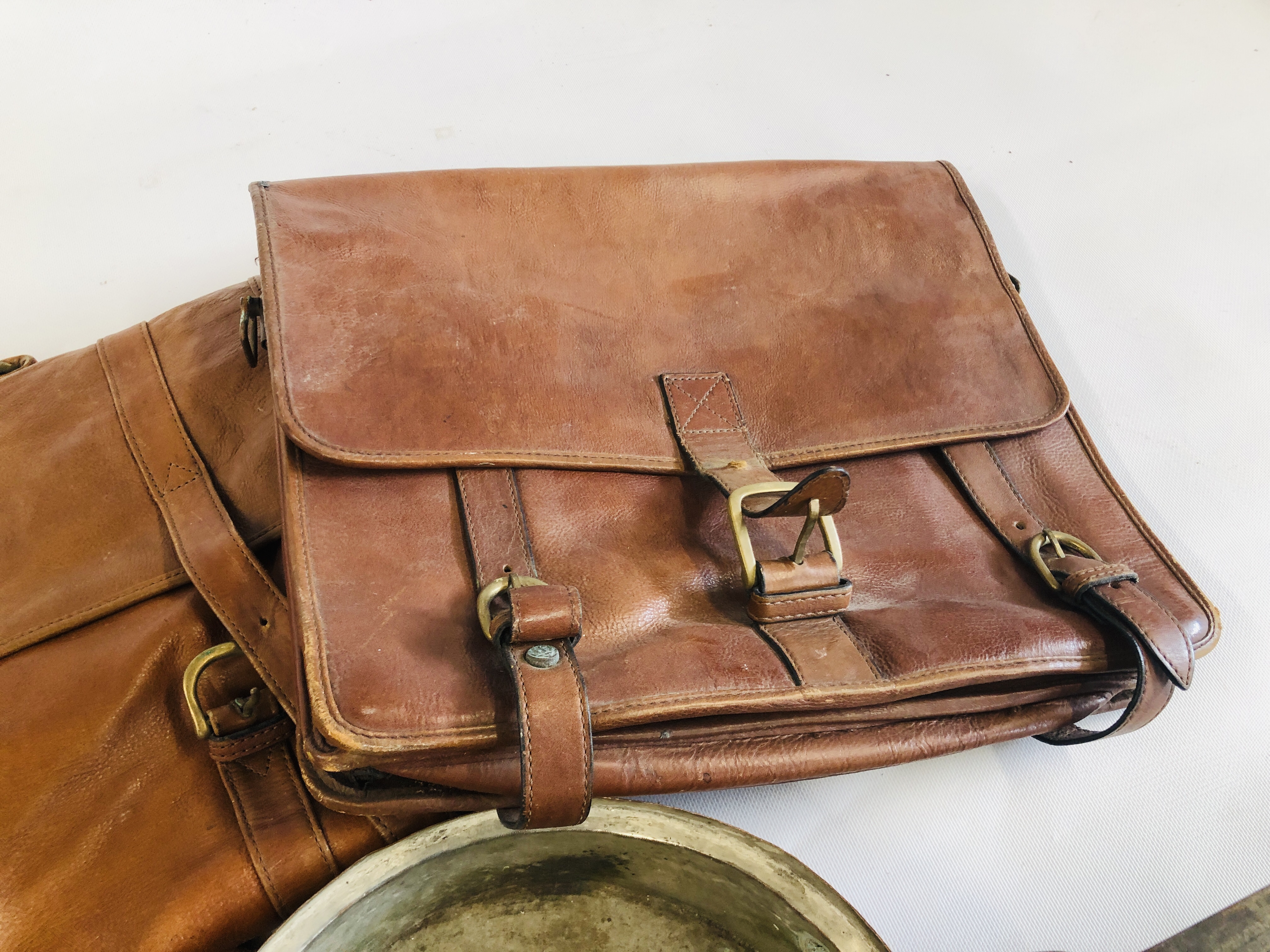 TWO VINTAGE BROWN LEATHER TRAVEL BAGS ALONG WITH COPPER PAN, PAIR OF BRASS CANDLE STICKS ETC. - Image 8 of 9