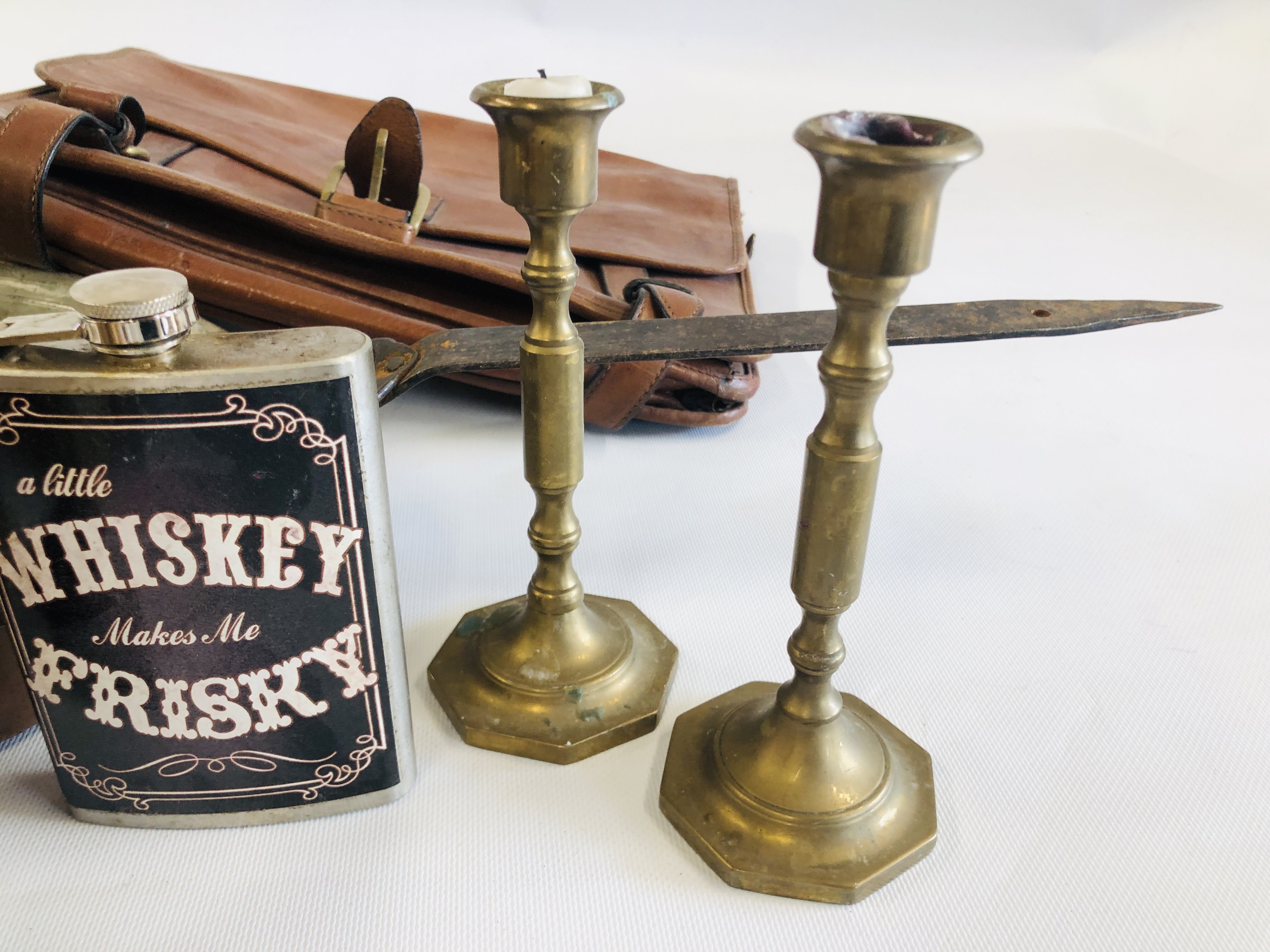 TWO VINTAGE BROWN LEATHER TRAVEL BAGS ALONG WITH COPPER PAN, PAIR OF BRASS CANDLE STICKS ETC. - Image 2 of 9