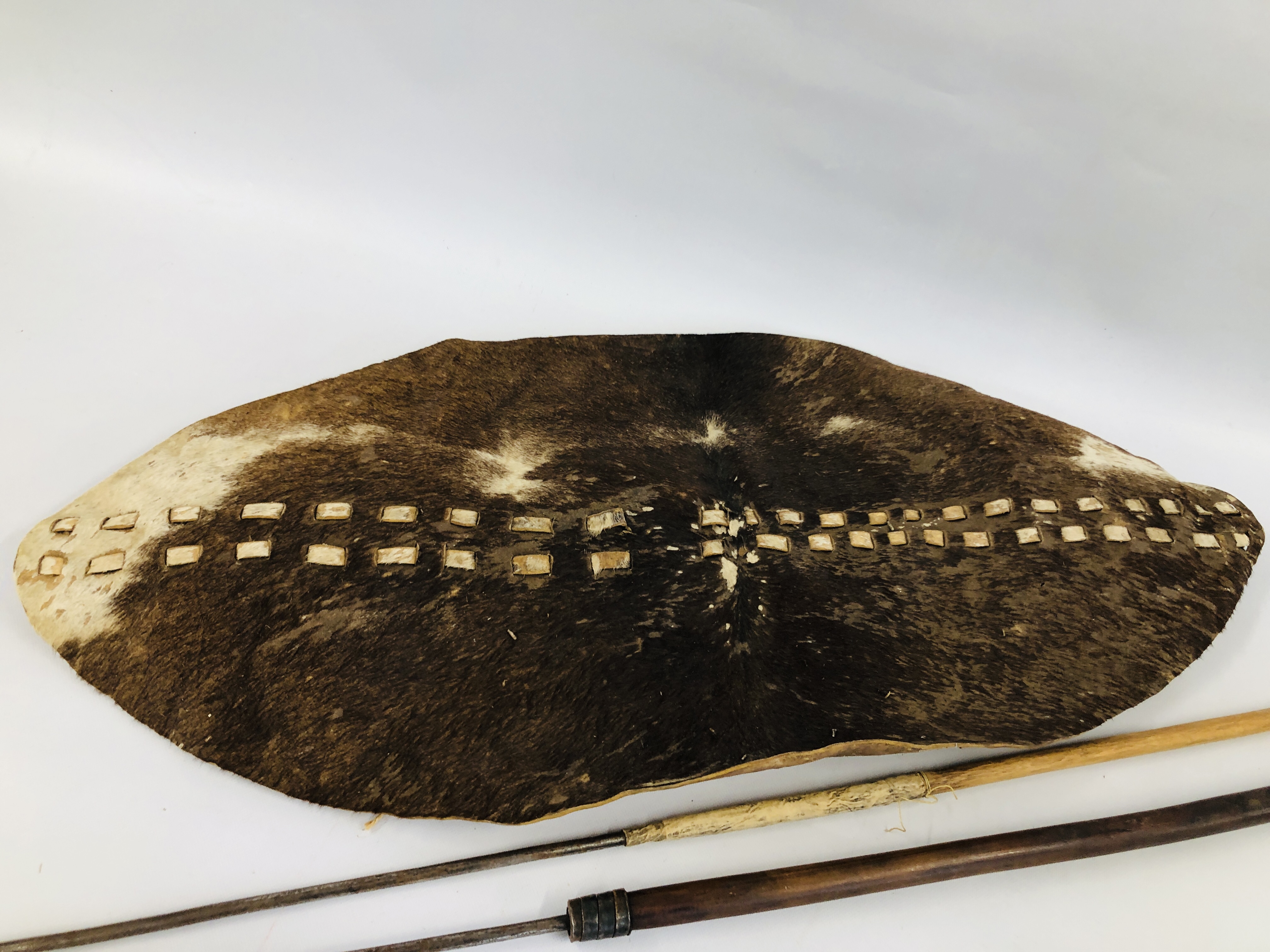 C19th LEATHER ZULU SHIELD ALONG WITH TWO THROWING SPEARS - THE SHIELD MEASURING 104 X 51CM ALONG - Image 10 of 15