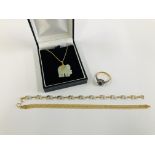 A FANCY LINK BRACELET MARKED 375, FINE 9CT GOLD NECKLACE AND A HARDSTONE ELEPHANT PENDANT,