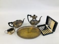 A VINTAGE 3 PIECE SILVER PLATED TEA SET AND OVAL TWO HANDLED TRAY AND A CASED SET OF FISH CUTLERY.