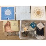 TUB OF MIXED COINS, GB 1990 UNCIRCULATED SET, £5 AND 25p CROWNS ETC.