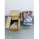 3 BOXES CONTAINING A LARGE QUANTITY OF SCALEXTRIC TRACK AND ACCESSORIES ALONG WITH HOT WHEELS