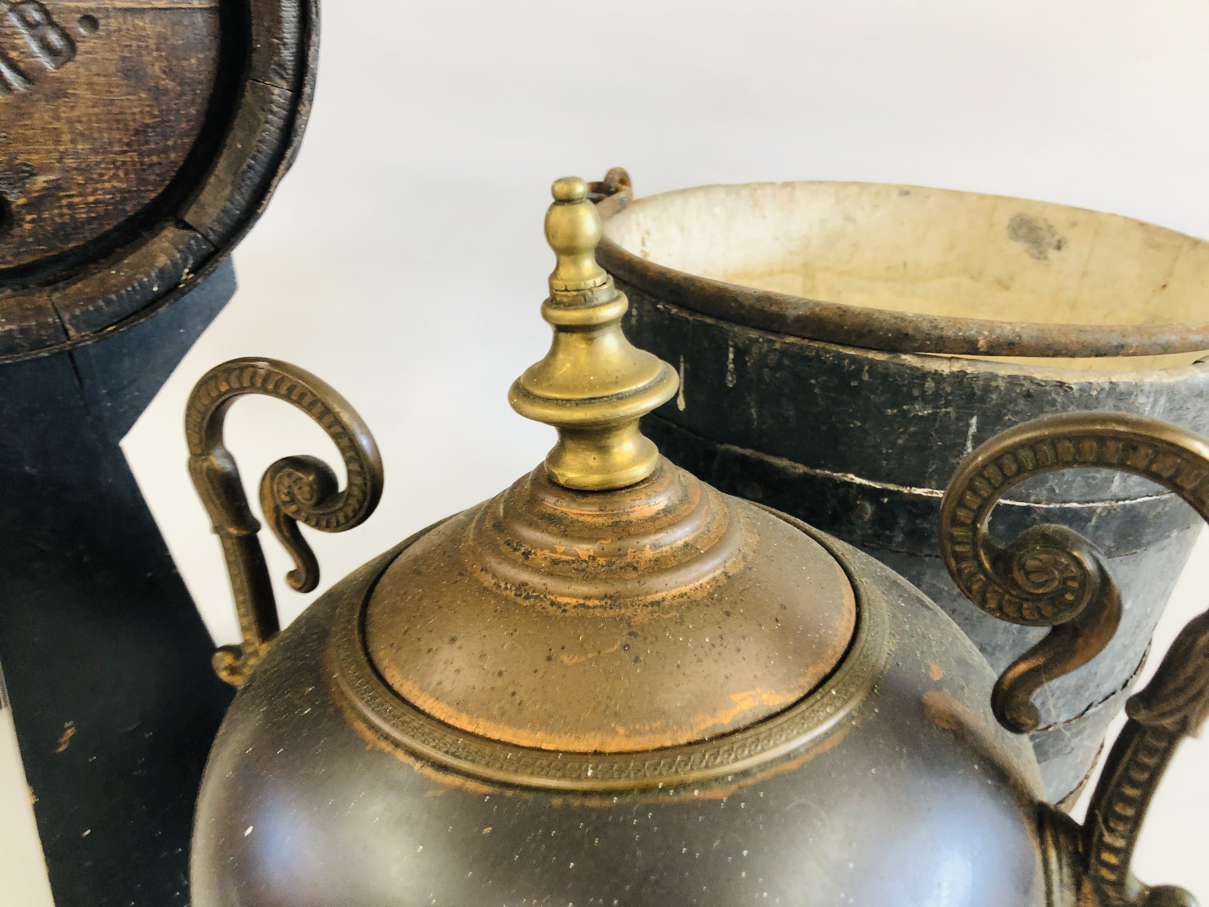 VINTAGE METAL BOUND BUCKET MARKED JCM AND MINIATURE OAK BARREL ON STAND AND COPPER FINISH SAMOVAR. - Image 2 of 11