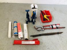 A SET OF PIPE BENDERS ALONG WITH 3 INTERNAL PIPE BENDERS AND BOX OF PLUMBING TOOLS TO INCLUDE