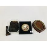 A VINTAGE FRAMED POT LID DEPICTING FARMING SCENE ALONG WITH A HORSESHOE CRIBBAGE BOX AND CONTENTS