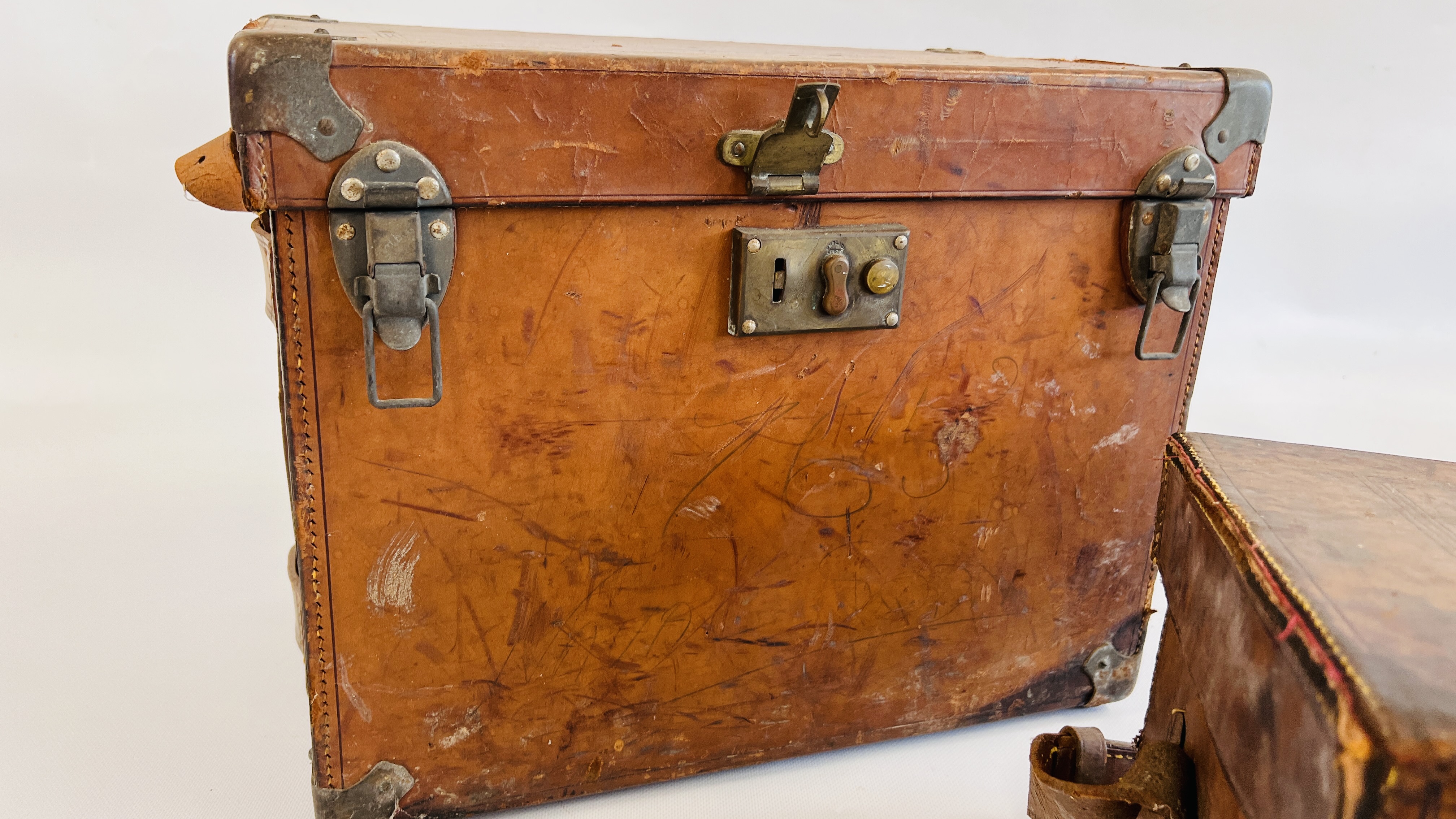 TWO ANTIQUE LEATHER TRANSIT CASES 44 X 28 X 34CM AND 37 X 27 X 22CM. - Image 9 of 11