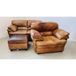 A MODERN TAN LEATHER TWO SEATER SOFA ALONG WITH A MATCHING ARMCHAIR AND FOOTSTOOL.