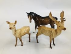 BESWICK HORSE ALONG WITH TWO BESWICK DEERS (1 A/F)