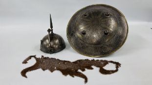 C19th INDO-PERSIAN STYLE DHAL (SHIELD) DECORATED WITH A BAND OF CALLIGRAPHY, STAR AND FACIAL DESIGN,