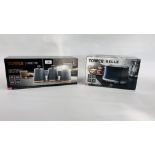 TOWER BELLE TWO SLICE TOASTER (BOXED NEW) ALONG WITH A SET OF THREE GREY "TOWER" GRADUATED