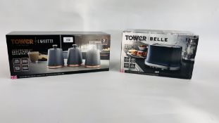 TOWER BELLE TWO SLICE TOASTER (BOXED NEW) ALONG WITH A SET OF THREE GREY "TOWER" GRADUATED