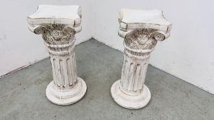 A PAIR OF REPRODUCTION COLUMN PEDESTAL STANDS, H 61CM.