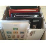 BOX WITH STAMP COLLECTIONS IN SIX ALBUMS AND LOOSE, MALTA, RUSSIA, IRELAND, MACAO, PERSIA ETC.