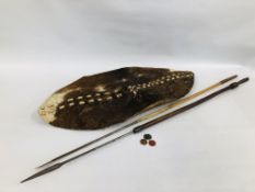 C19th LEATHER ZULU SHIELD ALONG WITH TWO THROWING SPEARS - THE SHIELD MEASURING 104 X 51CM ALONG