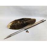 C19th LEATHER ZULU SHIELD ALONG WITH TWO THROWING SPEARS - THE SHIELD MEASURING 104 X 51CM ALONG